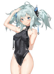 Rule 34 | 1girl, absurdres, arm behind back, bare shoulders, black leotard, blue eyes, blue hair, blush, breasts, covered navel, cowboy shot, girls&#039; frontline, grin, groin, hair between eyes, hair ornament, hand on own head, heart, heart-shaped pupils, highres, leotard, looking at viewer, medium hair, pa-15 (girls&#039; frontline), pixel (yuxian), sidelocks, simple background, small breasts, smile, standing, symbol-shaped pupils, thighs, twintails, two side up, white background