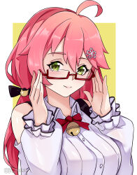Rule 34 | 1girl, absurdres, ahoge, bell, blush, collared shirt, glasses, highres, hololive, jingle bell, jrpulse, long hair, long sleeves, looking at viewer, low twintails, neck bell, official alternate costume, pink hair, red-framed eyewear, sakura miko, sakura miko (casual), shirt, smile, solo, twintails, virtual youtuber