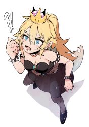 Rule 34 | 1girl, armlet, black dress, black pantyhose, blonde hair, blue eyes, bowsette, bracelet, collar, crown, ddari, dress, female focus, highres, jewelry, mario (series), new super mario bros. u deluxe, nintendo, open mouth, pantyhose, pointy ears, ponytail, simple background, solo, spiked armlet, spiked bracelet, spiked collar, spikes, super crown, tail, white background