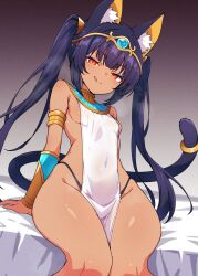 Rule 34 | 1girl, animal ears, cat ears, cat girl, cat tail, dark-skinned female, dark skin, dress, egyptian clothes, highres, kamidan, long hair, looking at viewer, original, pelvic curtain, simple background, tail, translation request, twintails, white background, white dress