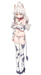 Rule 34 | 1girl, absurdres, ahoge, animal ear fluff, animal ears, animal print, aningay, arm across chest, bare shoulders, bell, bikini, black footwear, breasts, bridal gauntlets, collar, copyright request, cow print, cow tail, full body, grey hair, groin, high heels, highres, long hair, low twintails, navel, neck bell, print bikini, print thighhighs, red collar, shoes, side-tie bikini bottom, simple background, small breasts, solo, swimsuit, tail, thighhighs, twintails, white background