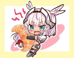 Rule 34 | absurdres, afterimage, animal ears, armor, armored boots, beige background, black gloves, black thighhighs, blue eyes, blush, boots, caenis (fate), caenis (fate/grand order), chibi, commentary request, copyright request, croissant, dark-skinned female, dark skin, ear wiggle, elbow gloves, fate/grand order, fate (series), food, full body, gloves, headpiece, highres, holding, holding food, jako (jakoo21), knee boots, looking at viewer, open mouth, pauldrons, shoulder armor, solo, thighhighs, two-tone background, wavy mouth, white background, white footwear, white hair