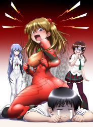 Rule 34 | 1boy, 3girls, absurdres, alternate hair length, alternate hairstyle, angry, artist request, ass, ass focus, ayanami rei, black hair, blue eyes, blue hair, bodysuit, breasts, brown hair, butt crack, curvy, evangelion: 3.0+1.0 thrice upon a time, femdom, gradient background, hair between eyes, hairband, highres, huge ass, ikari shinji, large breasts, long hair, looking at another, looking back, low twintails, makinami mari illustrious, medium breasts, multiple girls, neon genesis evangelion, plugsuit, rebuild of evangelion, red bodysuit, red eyes, school uniform, shiny clothes, simple background, sitting, sitting on person, skirt, souryuu asuka langley, tsundere, twintails, two side up, very long hair