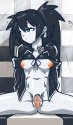 Rule 34 | 10s, 1girl, black hair, black rock shooter, black rock shooter (character), blue eyes, female pubic hair, navel, nipples, nude, pubic hair, pussy, shiny skin, solo, spread legs, takane (lovehatsune), twintails, uncensored