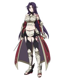 Rule 34 | 10s, 1girl, aishela, armor, bare shoulders, breasts, collarbone, female focus, grancrest senki, large breasts, long hair, looking at viewer, midriff, navel, official art, purple hair, red eyes, smile, solo, standing