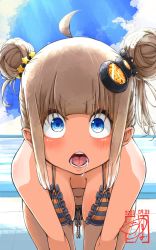 Rule 34 | 1girl, ahoge, bikini, blonde hair, blue eyes, blue sky, breasts, breasts apart, check commentary, cloud, cloudy sky, commentary request, cowboy shot, dated, day, double bun, drooling, eyelashes, frilled bikini, frills, hair bun, highres, kizuna akari, kuuneru514, leaning forward, lips, looking at viewer, medium breasts, messy hair, navel, open mouth, outdoors, pool, poolside, saliva, sidelocks, signature, sky, solo, striped bikini, striped clothes, sunlight, swimsuit, thighs, voiceroid, wide-eyed