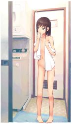 Rule 34 | 1girl, absurdres, barefoot, brown hair, carpet, covering own mouth, door, flat chest, fubuki (kancolle), full body, green eyes, groin, highres, indoors, kantai collection, looking away, looking to the side, nakaaki masashi, naked towel, navel, short hair, signature, solo, standing, stomach, top-load washing machine, towel, washing machine, wet