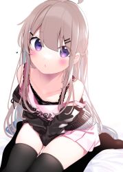 Rule 34 | 1girl, ahoge, bare shoulders, bed sheet, between legs, black camisole, black jacket, black thighhighs, blush, brown hair, camisole, chikuwa., collarbone, commentary request, dress, hair between eyes, hair ornament, hairclip, hand between legs, heart, highres, jacket, long hair, long sleeves, looking at viewer, no shoes, off shoulder, open clothes, open jacket, original, parted lips, pink dress, pleated dress, purple eyes, rabbit hair ornament, romaji commentary, simple background, sitting, solo, thighhighs, two side up, very long hair, wariza, white background