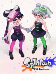 Rule 34 | 2girls, ;d, anniversary, bare shoulders, black dress, black footwear, black hair, black jumpsuit, bow-shaped hair, breasts, callie (splatoon), cleavage, confetti, copyright name, cousins, cross-shaped pupils, detached collar, dress, earrings, fangs, food, food on head, gloves, gradient hair, green hair, green pantyhose, grey hair, grin, highres, holding hands, inkling, jewelry, jumpsuit, legs apart, long hair, marie (splatoon), mole, mole under eye, multicolored hair, multiple girls, nintendo, object on head, oekakirisuke, one eye closed, open mouth, pantyhose, pink hair, pink pantyhose, pointy ears, shadow, short eyebrows, short hair, short jumpsuit, smile, splatoon (series), splatoon 1, standing, strapless, strapless dress, symbol-shaped pupils, tentacle hair, two-tone hair, white gloves, yellow eyes