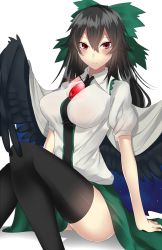 Rule 34 | 1girl, arm support, bird wings, black hair, black thighhighs, black wings, blush, bow, breasts, cape, closed mouth, green bow, green skirt, hair between eyes, hair bow, highres, knees up, large breasts, long hair, looking at viewer, onineko-chan, puffy short sleeves, puffy sleeves, red eyes, reiuji utsuho, shirt, short sleeves, sitting, skirt, solo, thighhighs, third eye, touhou, tsurime, white shirt, wings