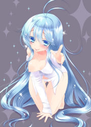 Rule 34 | 108 gou, 10s, 1girl, ahoge, bare legs, bare shoulders, barefoot, blue eyes, blush, breast slip, breasts, denpa onna to seishun otoko, kneeling, long hair, medium breasts, nipples, off shoulder, one breast out, open clothes, open shirt, outstretched arm, outstretched hand, panties, reaching, shirt, smile, solo, sparkle, thigh gap, touwa erio, underwear, very long hair, white panties
