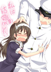 Rule 34 | 10s, 1boy, 1girl, admiral (kancolle), ashigara (kancolle), black hair, brown hair, closed eyes, faceless, faceless male, hairband, hat, hetero, highres, hug, kantai collection, military, military uniform, natsu (anta tte hitoha), naval uniform, open mouth, personification, sweatdrop, tears, translated, uniform, wavy mouth