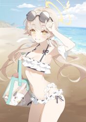 Rule 34 | 1girl, absurdres, arm up, armpits, bag, beach, bikini, blue archive, breasts, cleavage, collarbone, commentary, cowboy shot, day, eyewear on head, frilled bikini, frills, from side, halo, hifumi (blue archive), hifumi (swimsuit) (blue archive), highres, holding, holding bag, long hair, looking at viewer, navel, ocean, official alternate costume, outdoors, peroro (blue archive), redrawn, round eyewear, seizou hidzuke, side-tie bikini bottom, small breasts, smile, solo, standing, sunglasses, swimsuit, twintails, white bikini, yellow eyes