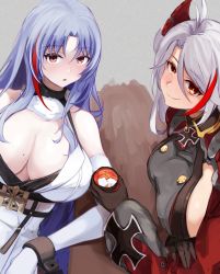 Rule 34 | 2girls, azur lane, black gloves, blue hair, breasts, brown eyes, chain, chained wrists, cleavage, closed mouth, cross, crossed arms, cuffs, cup, elbow gloves, gloves, grey hair, holding, holding cup, iron cross, large breasts, long hair, looking at viewer, marshall k, mole, mole on breast, multicolored hair, multiple girls, prinz eugen (azur lane), shackles, simple background, smile, table, tallinn (azur lane), uniform, white gloves