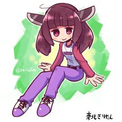 Rule 34 | 1girl, ahoge, blunt bangs, blush stickers, brown hair, character name, closed mouth, clothes writing, full body, green background, headgear, invisible chair, long sleeves, looking at viewer, medium hair, pants, purple footwear, purple pants, raglan sleeves, rariatto (ganguri), red eyes, shirt, shoes, signature, sitting, smile, solo, touhoku kiritan, twintails, twitter username, voiceroid
