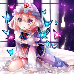Rule 34 | 1girl, :o, blue dress, breasts, bug, butterfly, dress, ghost, hat, hitodama, insect, japanese clothes, kimono, large breasts, long sleeves, looking at viewer, mob cap, nagare, obi, open mouth, pink eyes, pink hair, saigyouji yuyuko, sash, short hair, solo, too many, too many butterflies, touhou, triangular headpiece, wide sleeves