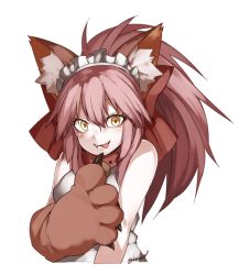 Rule 34 | 10s, 1girl, animal ear fluff, animal ears, animal hands, artist name, bare shoulders, bell, bow, collar, eiri (eirri), fang, fang out, fate/extra, fate/grand order, fate (series), fox ears, gloves, hair between eyes, hair bow, high ponytail, jingle bell, long hair, looking at viewer, maid headdress, neck bell, parted lips, paw gloves, pink hair, ponytail, red bow, red collar, shirt, signature, simple background, sleeveless, sleeveless shirt, solo, tamamo (fate), tamamo cat (fate), tongue, tongue out, white background, white shirt, yellow eyes