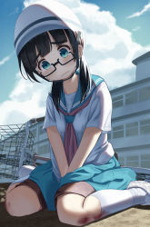 Rule 34 | 1girl, between legs, bicycle, bicycle basket, black hair, blood, blue sailor collar, blue skirt, brown shorts, building, closed mouth, commentary request, day, fallen down, hand between legs, helmet, highres, injury, kneehighs, long hair, low twintails, mimikaki (men bow), original, outdoors, pleated skirt, red neckwear, sailor collar, school uniform, serafuku, shirt, shoes, short sleeves, shorts, shorts under skirt, skirt, socks, solo, tears, thick eyebrows, twintails, wavy mouth, white footwear, white shirt, white socks