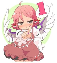 Rule 34 | 1girl, ahoge, animal ears, bird ears, bird wings, blush, brown dress, cowboy shot, cropped legs, dress, fingernails, frilled dress, frilled sleeves, frills, grey eyes, ini (inunabe00), juliet sleeves, long sleeves, mystia lorelei, nail polish, parted lips, pink hair, pointing, pointing at viewer, puffy sleeves, purple nails, sharp fingernails, short hair, solo, speech bubble, touhou, white wings, wings