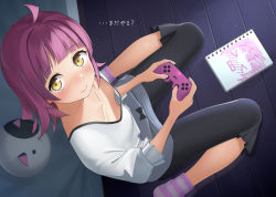Rule 34 | 1girl, apollo (hu maple), black pants, blush, brown eyes, closed mouth, collarbone, commentary request, controller, feet out of frame, from above, game controller, highres, holding, long sleeves, looking at viewer, looking up, love live!, love live! nijigasaki high school idol club, no shoes, notebook, on floor, pants, pink hair, puffy long sleeves, puffy sleeves, shirt, sitting, socks, solo, striped clothes, striped socks, tennoji rina, translation request, wariza, white shirt, wooden floor