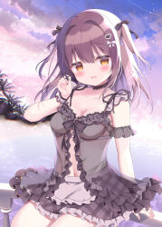 Rule 34 | 1girl, :d, apron, azumi kazuki, bare shoulders, black bow, blue sky, blush, bow, breasts, brown eyes, brown hair, cleavage, cloud, cloudy sky, collarbone, commentary request, frilled apron, frilled skirt, frills, grey apron, grey skirt, hair between eyes, hair bow, hair ornament, hand up, heart, heart hair ornament, highres, long hair, medium breasts, navel, on railing, open mouth, original, outdoors, plaid, plaid skirt, railing, see-through, skirt, sky, smile, solo, two side up, waist apron, water