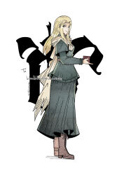 Rule 34 | 1girl, artist name, blonde hair, bloodborne, boots, brown footwear, commission, dress, grey dress, hair down, herheim, highres, long dress, long hair, long scarf, looking at viewer, mixed-language commentary, scarf, smile, solo, viola (bloodborne), white eyes, white scarf