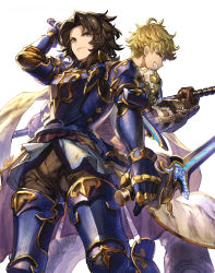 Rule 34 | 10s, 2boys, armor, back-to-back, bad id, bad pixiv id, black hair, blonde hair, brown gloves, dutch angle, from below, gloves, granblue fantasy, green eyes, holding, holding weapon, lancelot (granblue fantasy), long hair, looking at viewer, multiple boys, routo, short hair, simple background, smile, sword, vane (granblue fantasy), weapon, white background