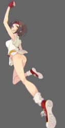 Rule 34 | 1girl, absurdres, ass, blurry, bottomless, brown hair, depth of field, fingerless gloves, gloves, headband, highres, mk (masatusaboten), shoes, simple background, sneakers, solo, the king of fighters, uppercut, yellow eyes, yuri sakazaki