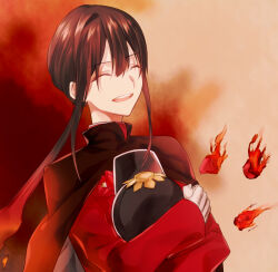 Rule 34 | 1boy, black cape, cape, closed eyes, facing to the side, family crest, fate/grand order, fate (series), fiery hair, fire, gloves, hat, holding, holding clothes, holding hat, low ponytail, military hat, oda nobukatsu (fate), oda uri, open mouth, ponytail, red background, red shirt, shako cap, shirt, smile, solo, teeth, trap, upper body, upper teeth only, wakayama kyuuaka