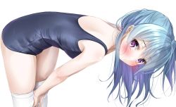 Rule 34 | 1girl, bang dream!, bare shoulders, bent over, blue hair, blue one-piece swimsuit, blush, breasts, closed mouth, hair between eyes, highres, kawai ritsu (rits meg), long hair, looking at viewer, matsubara kanon, old school swimsuit, one-piece swimsuit, one side up, purple eyes, school swimsuit, simple background, skindentation, solo, swimsuit, thighhighs, white background, white thighhighs