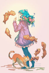 Rule 34 | 1girl, animal, black pantyhose, blue eyes, blue flower, blue hair, brown background, cat, commentary, english commentary, flower, food, full body, highres, hood, hood down, hooded jacket, jacket, long sleeves, multicolored hair, open clothes, open jacket, open mouth, original, pantyhose, pointing, pointing at self, profile, puffy long sleeves, puffy sleeves, purple hair, purple jacket, red flower, sleeves past wrists, solo, standing, taiyaki, two-tone hair, wagashi, watermark, web address, yellow flower, yuumei
