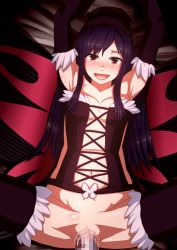 Rule 34 | 10s, 1girl, accel world, armpits, black hair, brown eyes, bug, butterfly, butterfly wings, censored, elbow gloves, gloves, hairband, insect, insect wings, kuroyukihime, long hair, mosaic censoring, navel, open mouth, penis, pussy, sex, solo focus, soujun, thighhighs, wings
