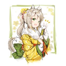 Rule 34 | 1girl, animal ears, anmi, blush, dog ears, dog girl, dog tail, green eyes, highres, holding, japanese clothes, long hair, looking at viewer, open mouth, original, silver hair, simple background, smile, solo, tail, upper body, wide sleeves