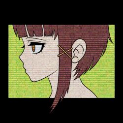 Rule 34 | 1girl, asymmetrical hair, binary, black border, border, brown eyes, brown hair, closed mouth, commentary, cryptidhermit, english commentary, eyelashes, from side, green background, hair ornament, half-closed eyes, highres, iwakura lain, looking ahead, profile, serial experiments lain, short hair, solo, upper body, x hair ornament