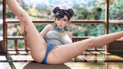 Rule 34 | 1girl, alexander dinh, ass, black hair, bracelet, breasts, brown eyes, capcom, chun-li, cleavage, cleavage cutout, clothing cutout, double bun, earrings, hair bun, jewelry, kneepits, large breasts, lipstick, looking at viewer, makeup, nail polish, pink lips, red nails, ribbon, solo, spread legs, street fighter, thighs, wooden floor