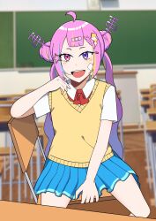 Rule 34 | 1girl, absurdres, ahoge, alternate costume, bandaid, bandaid on face, blurry, blurry background, chair, classroom, commission, heterochromia, highres, idol corp, knees, knees up, long hair, multicolored hair, open mouth, pink eyes, pink hair, purple eyes, riro ron, school, school uniform, skirt, smile, table, teeth, thighs, twintails, virtual youtuber