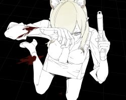 Rule 34 | 1girl, animal ear fluff, animal ears, bags under eyes, black background, blonde hair, blood, blood on arm, blood on leg, blue archive, blue eyes, boots, breasts, glaring, gloves, grid background, gun, hand over face, hand up, handgun, high heel boots, high heels, highres, holding, holding gun, holding weapon, injury, kanna (blue archive), kawatiw, kneeling, large breasts, long hair, looking at viewer, looking up, necktie, one eye covered, partially colored, pencil skirt, sanpaku, skirt, sleeves rolled up, solo, sweat, trigger discipline, v-shaped eyebrows, weapon