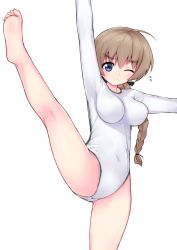Rule 34 | 1girl, arm up, athletic leotard, bad id, bad pixiv id, barefoot, blue eyes, blush, braid, braided ponytail, breasts, brown hair, closed mouth, flying sweatdrops, frown, groin, gymnastics, hair between eyes, head tilt, highres, large breasts, leg lift, leotard, long hair, looking at viewer, low ponytail, lynette bishop, outstretched arm, simple background, single braid, solo, strike witches, sweatdrop, white background, white leotard, world witches series, yoi naosuke