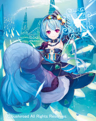Rule 34 | 1girl, blue hair, bow, breasts, cardfight!! vanguard, chouchou namig, cleavage, company name, hairband, magic circle, mermaid, monster girl, official art, pink eyes, saitou takeo, solo, sparkle, squid, star-shaped pupils, star (symbol), symbol-shaped pupils, underwater