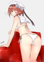 Rule 34 | 1girl, ;p, ass, bikini, brown eyes, brown hair, butt crack, couch, from behind, full body, hat, kantai collection, looking at viewer, nagi (shunsuke-manage), one eye closed, sailor hat, short hair, side-tie bikini bottom, simple background, solo, swimsuit, tongue, tongue out, twitter username, white background, white bikini, z3 max schultz (kancolle)