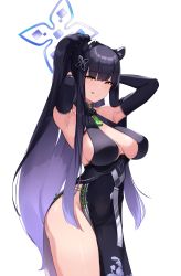 Rule 34 | 1girl, :p, absurdres, animal ears, armpits, black hair, blue archive, blush, breasts, china dress, chinese clothes, cleavage, dress, female focus, gloves, green eyes, hair ornament, halo, highres, large breasts, long hair, looking at viewer, multicolored hair, p03145, ponytail, shun (blue archive), simple background, solo, tiger ears, tongue, tongue out, two-tone hair, very long hair, white background