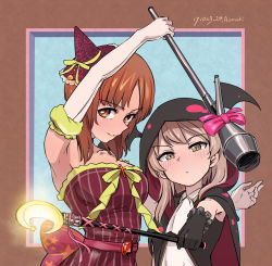 Rule 34 | 10s, 2girls, absurdres, aomushi (mushamusha), arm up, artist name, black gloves, bow, cloak, closed mouth, crescent, dated, dress, elbow gloves, explosive, foreshortening, frown, gem, girls und panzer, gloves, halloween costume, hat, head wings, highres, holding, hood, hooded cloak, large bow, long hair, looking at viewer, mini hat, mini witch hat, multiple girls, nishizumi miho, outside border, pink bow, red dress, red hat, shimada arisu, short hair, side-by-side, signature, smile, standing, strapless, strapless dress, upper body, wand, weapon, weapon request, white gloves, wings, witch hat