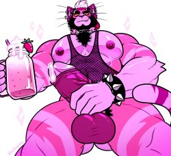Rule 34 | 1boy, abs, absurdres, artist name, bara, baseball cap, beard, bracelet, cat boy, chest hair, collar, cum, drinking straw, ear piercing, earrings, facial hair, fang, feet out of frame, fishnet top, fishnets, food, fruit, furry, furry male, glass, hand on penis, hat, highres, jewelry, large pectorals, looking at viewer, looking down, male focus, manly, mature male, michopanq, milkshake, muscular, muscular male, nipples, original, pectorals, penis, penis grab, piercing, signature, simple background, smirk, solo, sparkle, spiked bracelet, spiked collar, spikes, strawberry, stud earrings, tank top, testicles, thick arms, thick eyebrows, thick thighs, thighs, twitter username, veins, veiny penis, white background, yellow eyes