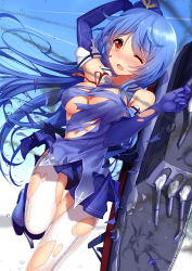 Rule 34 | 1girl, bison cangshu, blue hair, blush, breasts, cleavage, large breasts, long hair, looking at viewer, one eye closed, pantyhose, parted lips, quincy (warship girls r), red eyes, solo, torn clothes, torn pantyhose, underboob, warship girls r, white pantyhose