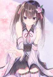 Rule 34 | &gt;:), 1girl, absurdres, bare shoulders, black hair, black skirt, bow, cherry blossoms, closed mouth, commentary request, copyright request, detached sleeves, flower, hair between eyes, hair bow, hair flower, hair ornament, hair ribbon, highres, iriam, japanese clothes, kei (limitedgirl), kimono, long hair, long sleeves, neck ribbon, obi, outstretched arm, pink bow, pink flower, pleated skirt, purple kimono, purple sleeves, red eyes, red ribbon, ribbon, sash, skirt, sleeveless, sleeveless kimono, smile, solo, striped clothes, striped thighhighs, thighhighs, twintails, v, v-shaped eyebrows, vertical-striped clothes, vertical-striped thighhighs, virtual youtuber, wide sleeves