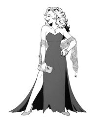 Rule 34 | 1girl, bag, bracelet, bug, contrapposto, dress, earrings, eunnieboo, closed eyes, full body, greyscale, hand on own hip, handbag, high heels, jewelry, lipstick, makeup, monochrome, nail polish, original, pendant, scarf, side slit, smile, solo, spider, standing, strapless, strapless dress