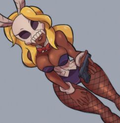 Rule 34 | 1girl, blonde hair, bow, bowtie, breasts, buttercup (skullgirls), cleavage, dark-skinned female, dark skin, detached collar, dutch angle, feather hair ornament, fishnet pantyhose, fishnets, gun, hair ornament, handgun, large breasts, leaning forward, leotard, long hair, looking at viewer, mask, open mouth, pantyhose, pistol, playboy bunny, skull mask, skullgirls, solo, thabackbone1, weapon