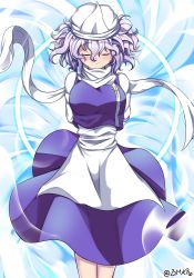 Rule 34 | 1girl, blue dress, bmkro, closed eyes, closed mouth, dress, highres, letty whiterock, long hair, long sleeves, purple hair, scarf, signature, smile, solo, touhou, white headwear, white scarf