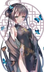 Rule 34 | 1girl, absurdres, alter (kxk7357), bare shoulders, black dress, black gloves, black hair, blue archive, blush, braid, braided bun, breasts, bug, butterfly, butterfly hair ornament, china dress, chinese clothes, coat, commentary, cs/ls06, double bun, dragon print, dress, gloves, grey coat, grey eyes, gun, hair bun, hair ornament, half gloves, halo, highres, insect, kisaki (blue archive), long hair, long sleeves, looking at viewer, off shoulder, open mouth, pelvic curtain, pinstripe pattern, revision, short dress, side slit, small breasts, solo, striped, striped coat, submachine gun, thighs, twintails, vertical-striped coat, weapon