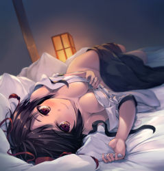 Rule 34 | 1girl, black hair, blurry, breasts, cleavage, commentary request, depth of field, futon, hat, looking at viewer, looking back, lying, medium breasts, on back, open clothes, oukatihiro, red eyes, shameimaru aya, short hair, smile, solo, tokin hat, touhou